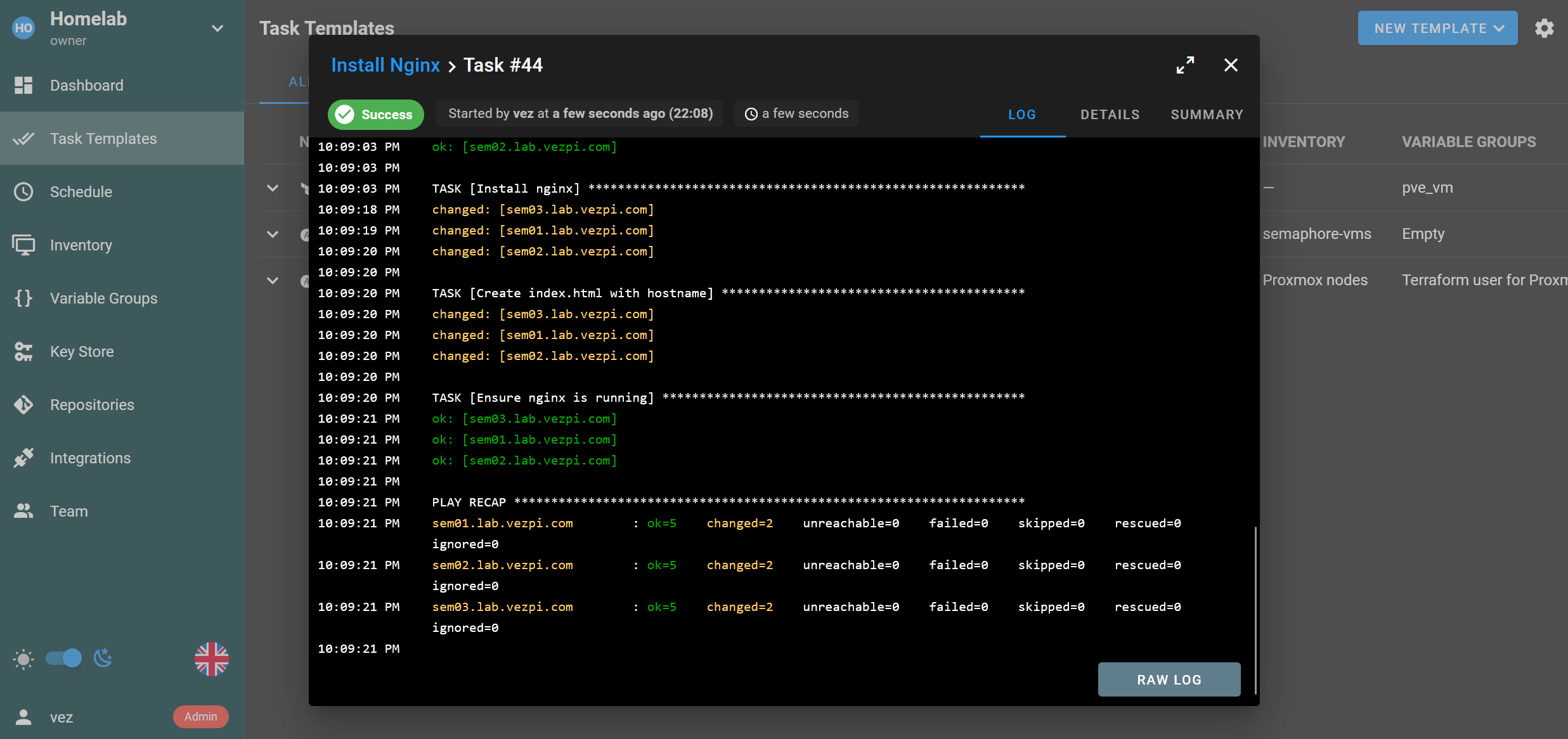 Sortie de la tâche Ansible dans Semaphore UI