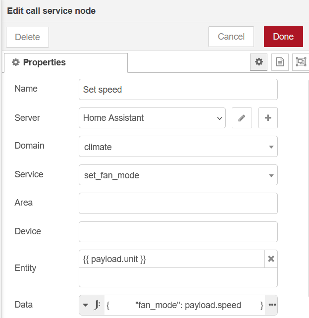 Nœud call service dans Node-RED avec le service set_fan_mode
