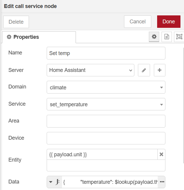 Nœud call service dans Node-RED avec le service set_temperature