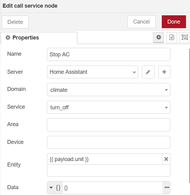 Nœud call service dans Node-RED avec le service turn_off