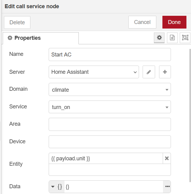 Nœud call service dans Node-RED avec le service turn_on