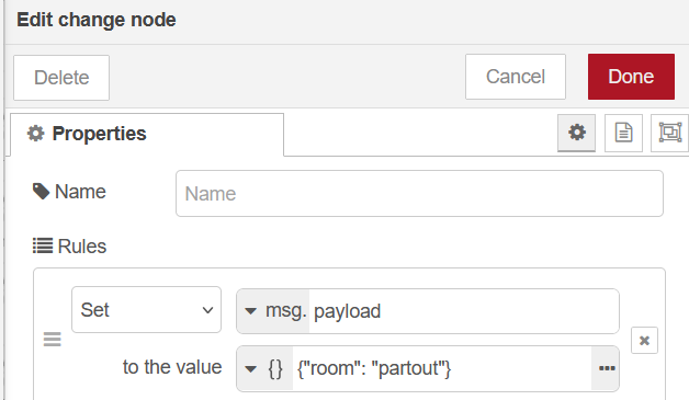 Nœud change dans Node-RED pour définir la pièce sur partout