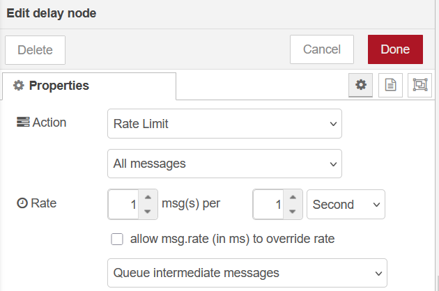 Nœud delay dans Node-RED pour limiter le débit à 1 message par seconde