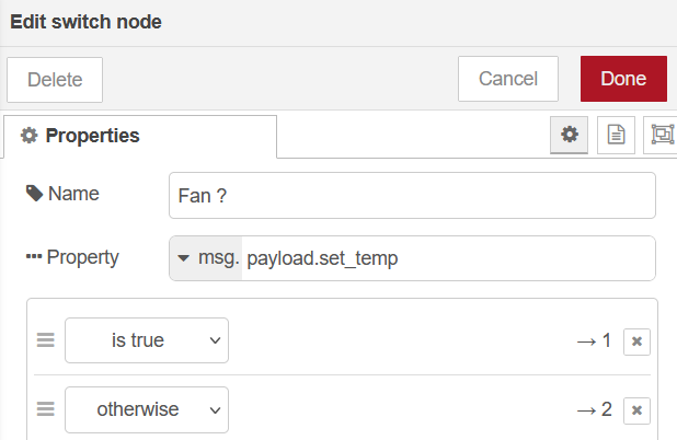 Nœud switch dans Node-RED pour définir la température cible