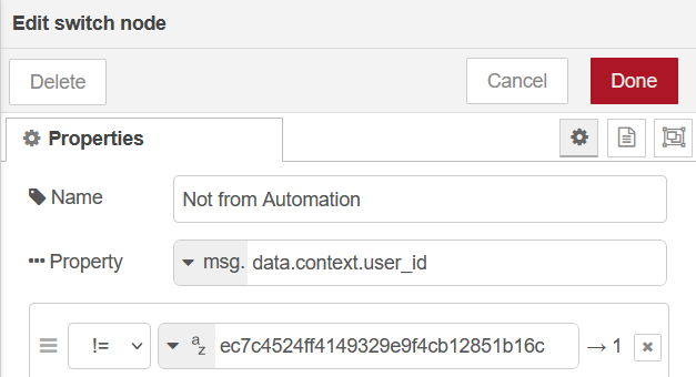 Nœud switch dans Node-RED pour vérifier que ce n’est pas l’ID utilisateur Node-RED