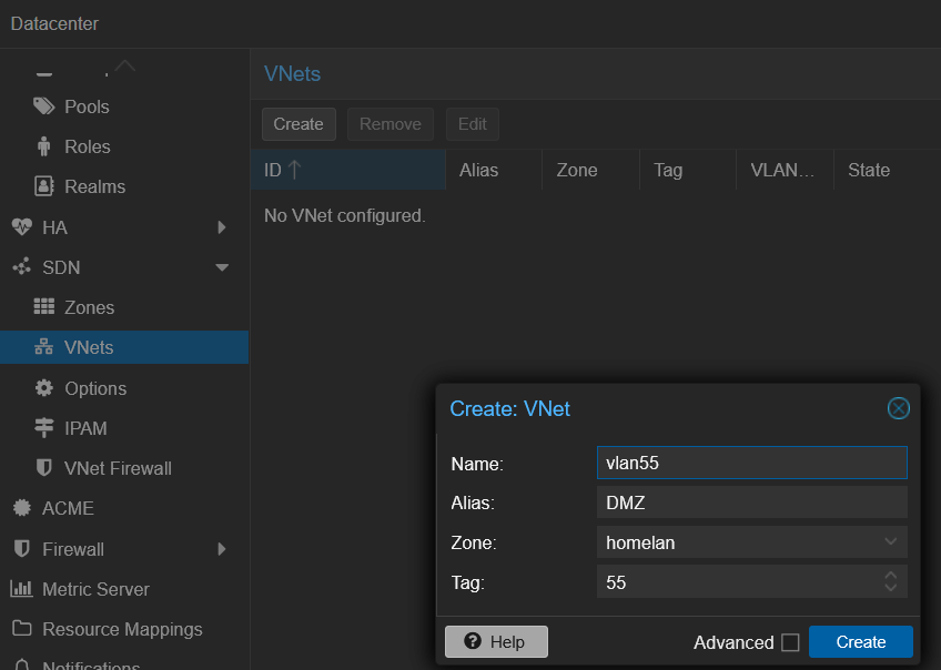 Création d’un VNet pour le VLAN 55 dans la zone homelan