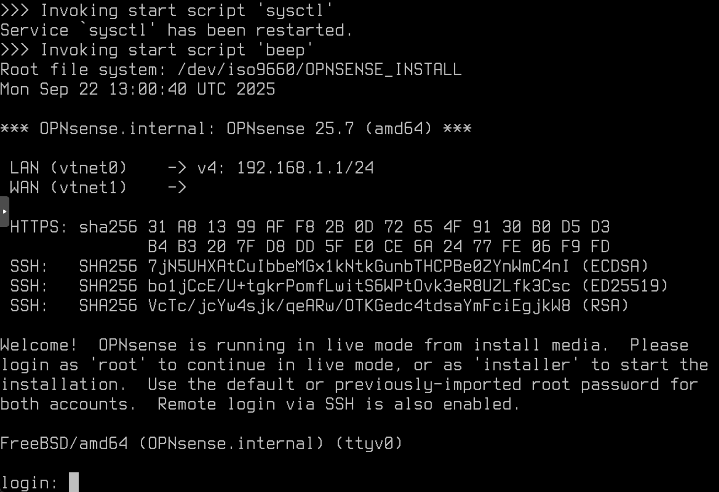 Écran de login OPNsense en mode LiveCD