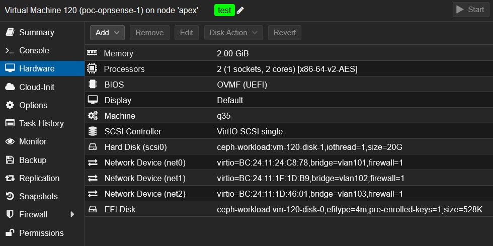 Paramètres de la VM OPNsense dans Proxmox