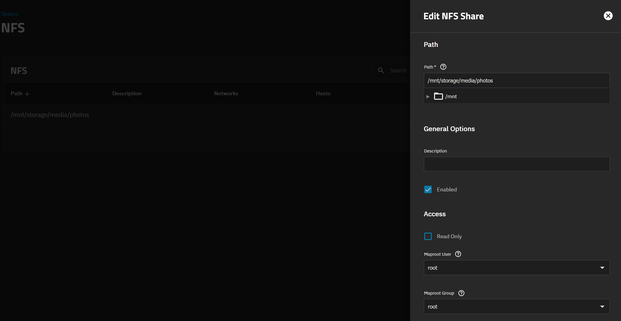 Permissions du partage NFS dans TrueNAS