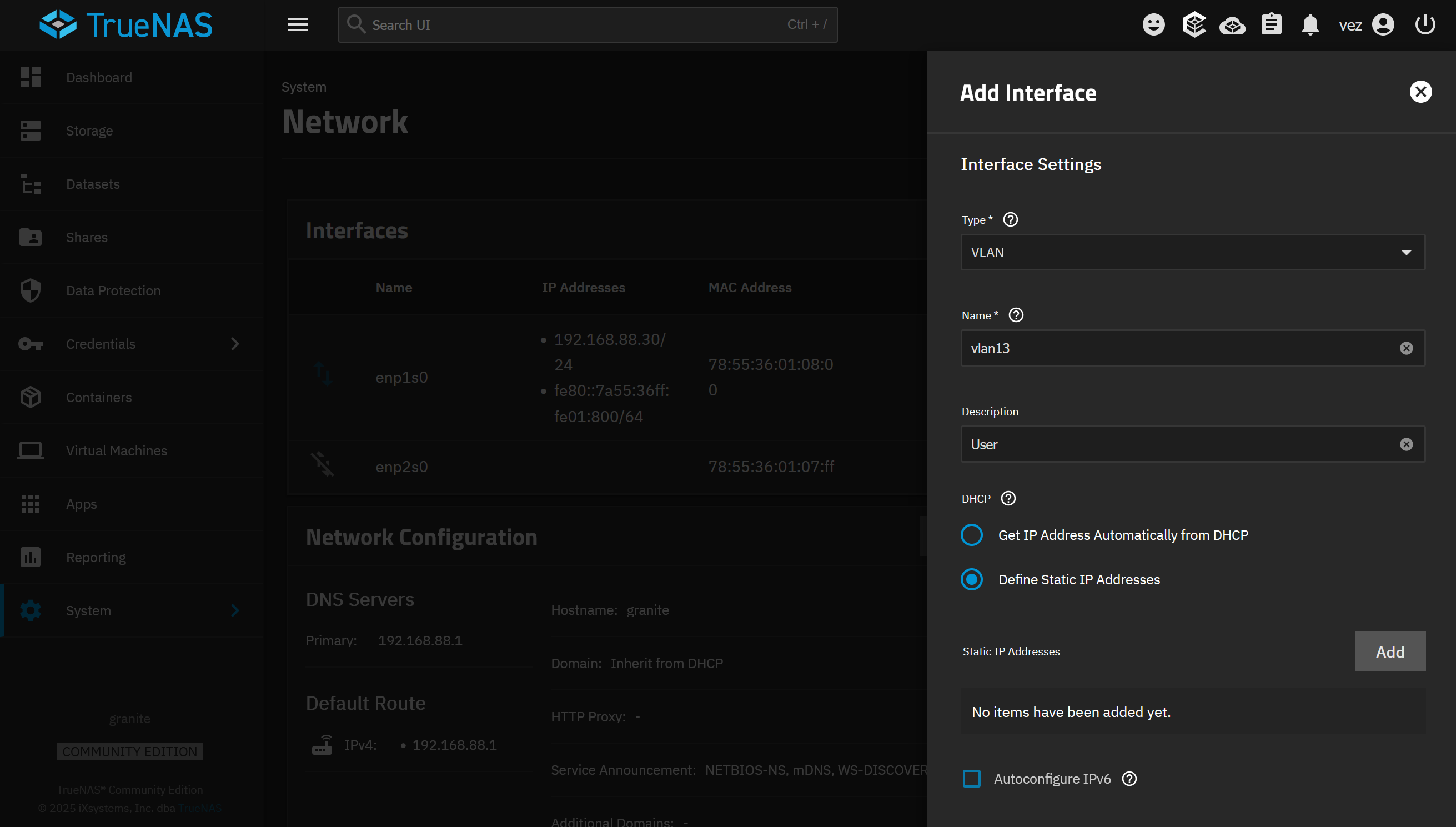 Créer l’interface VLAN utilisateur dans TrueNAS