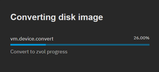 TrueNAS convertissant l’image disque importée en zvol
