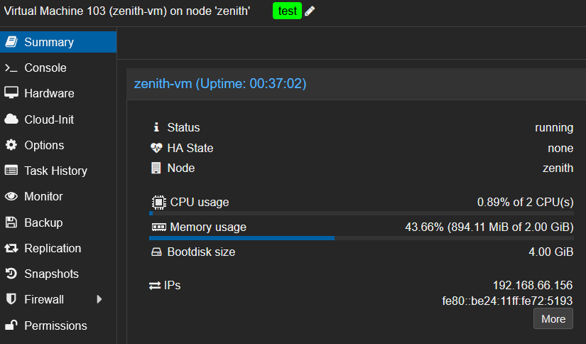Summary of the newly created VM on Proxmox
