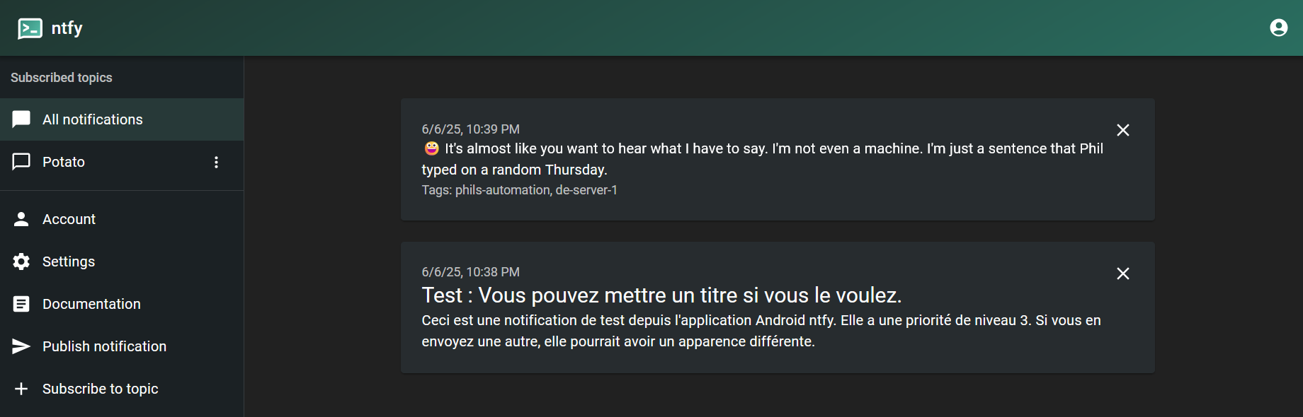 Exemple de messages dans Ntfy