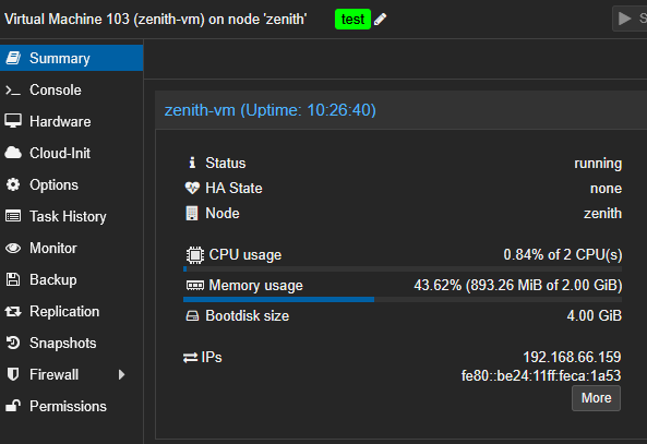 VM sur l'interface Proxmox déployé avec le module Terraform