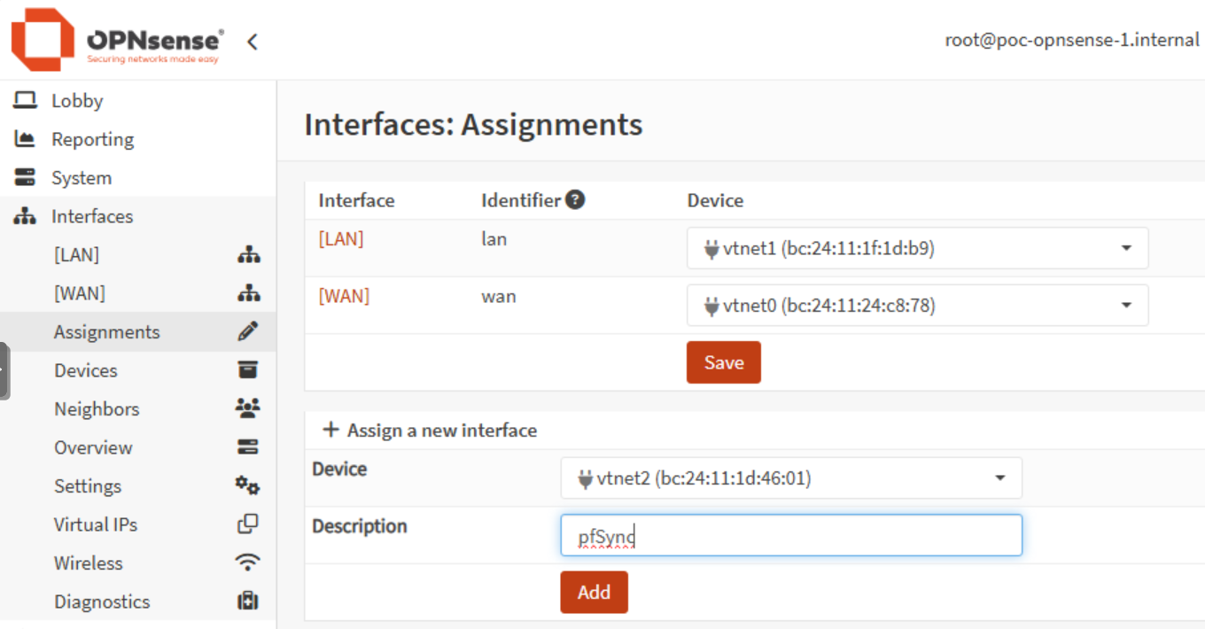 Ajouter l’interface pfSync dans OPNsense