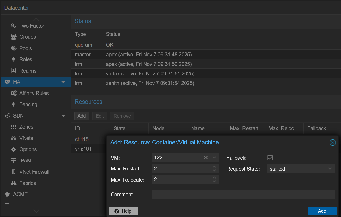 Créer une ressource HA dans Proxmox