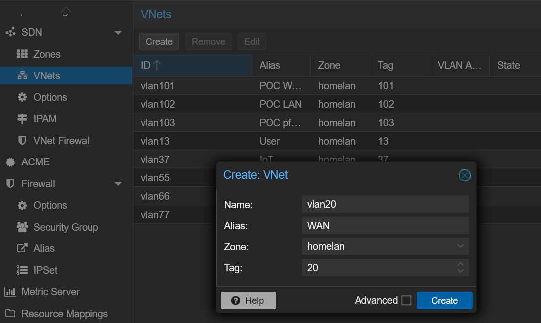 Création du VNet pour le WAN dans le SDN Proxmox