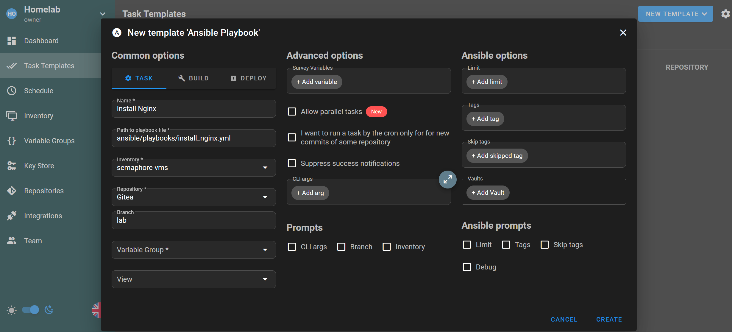 Semaphore UI new Ansible task template