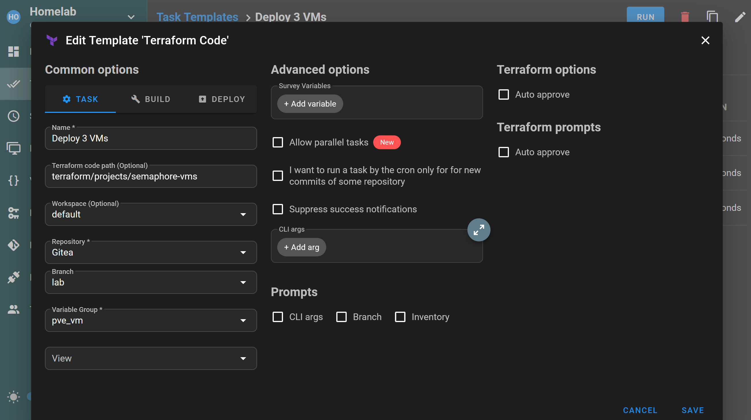 Semaphore UI new Terraform task template