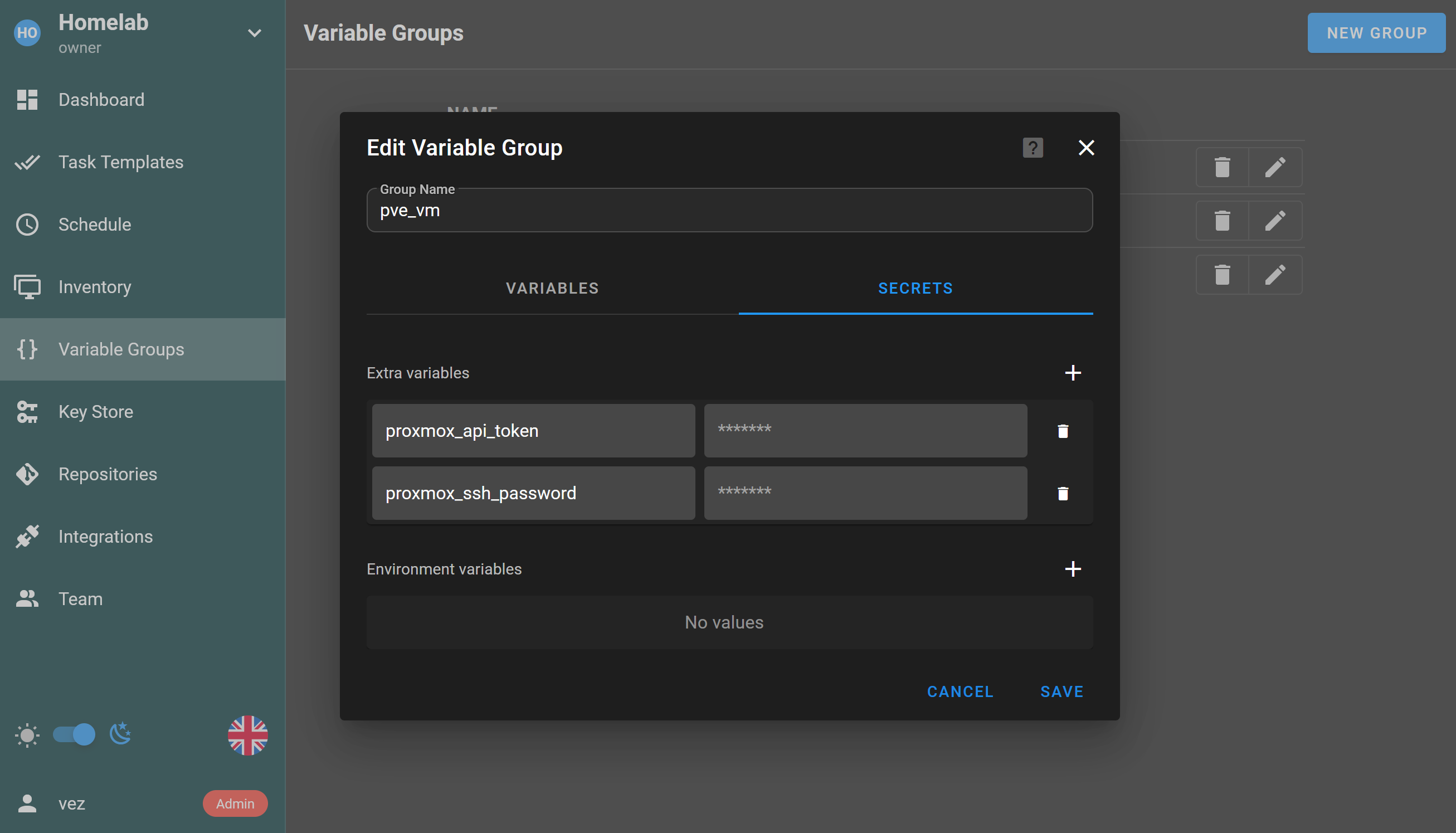 Semaphore UI new variable group