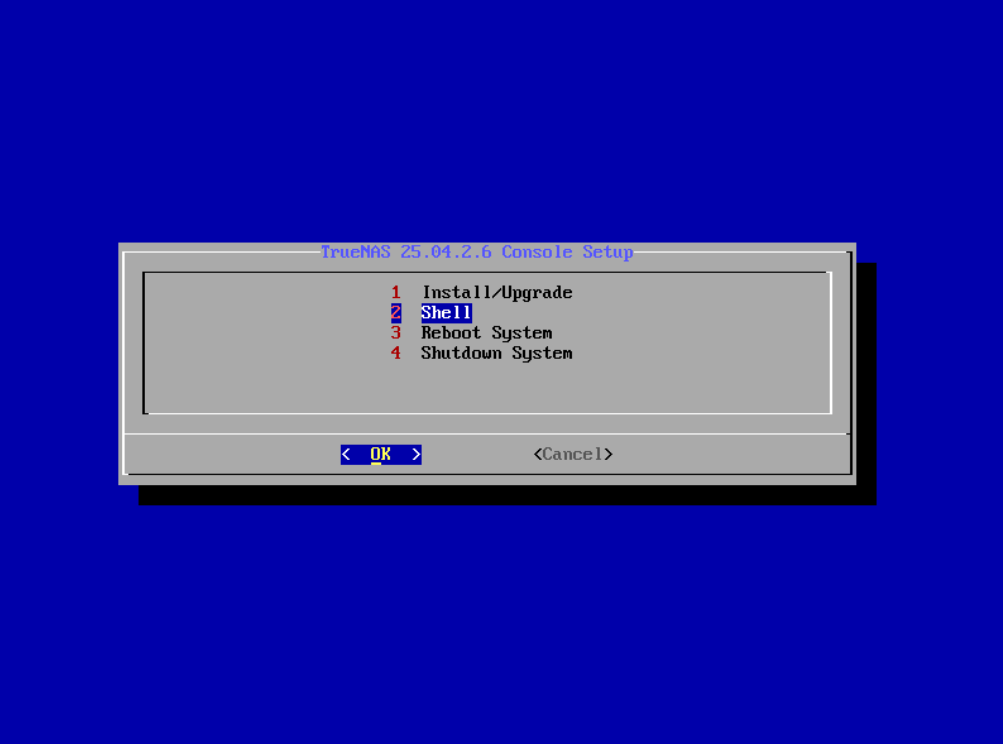 Entrer dans le shell de l'installateur TrueNAS