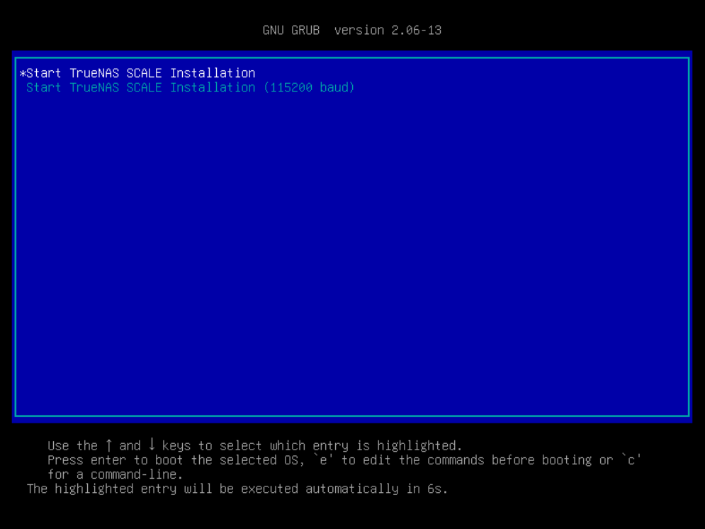 Écran d'accueil d'installation de TrueNAS