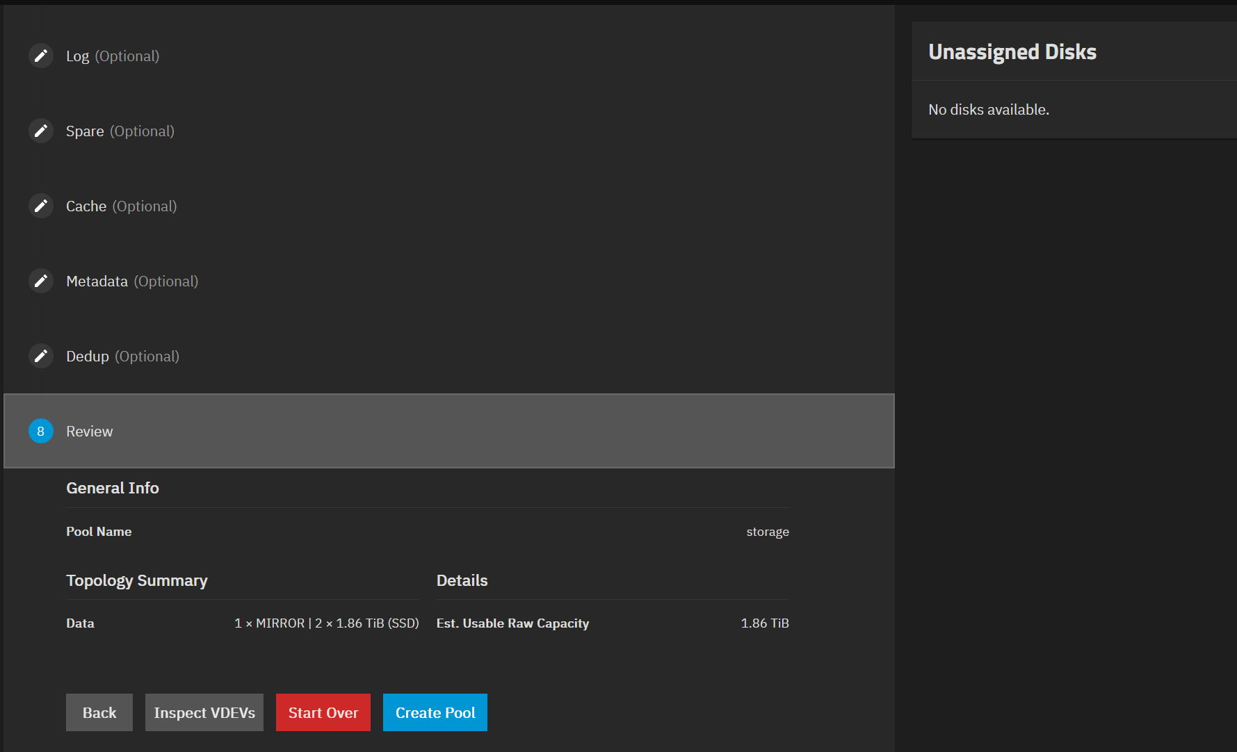 Section de révision de l'assistant de création de pool dans TrueNAS