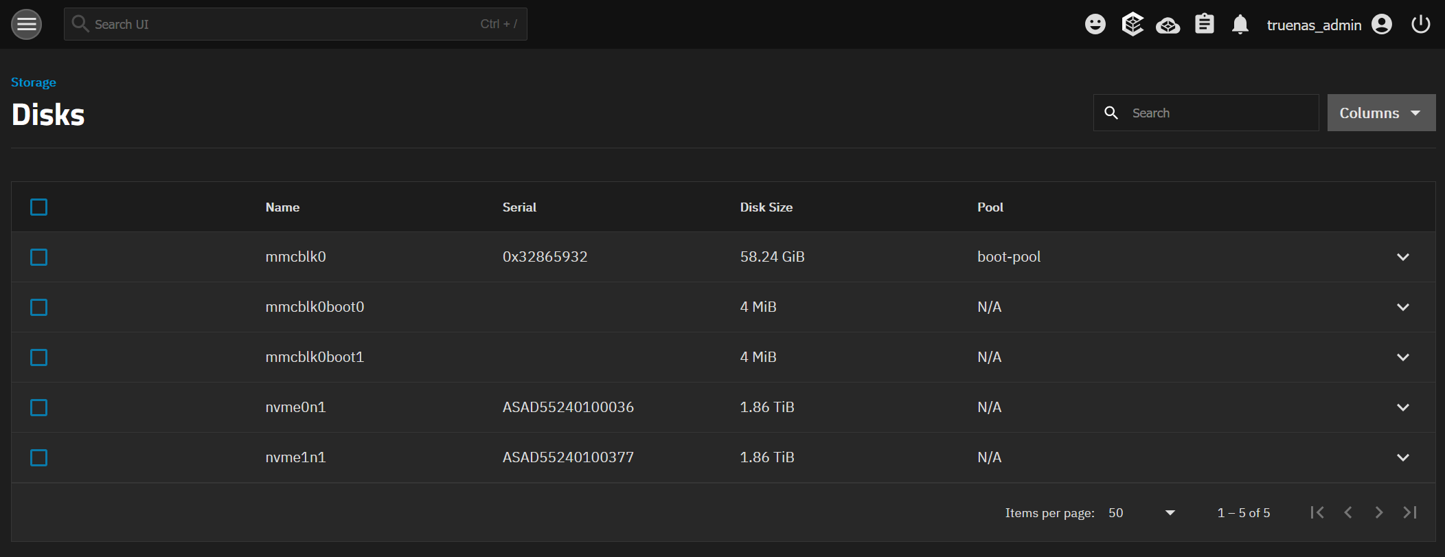 Liste des disques disponibles dans TrueNAS