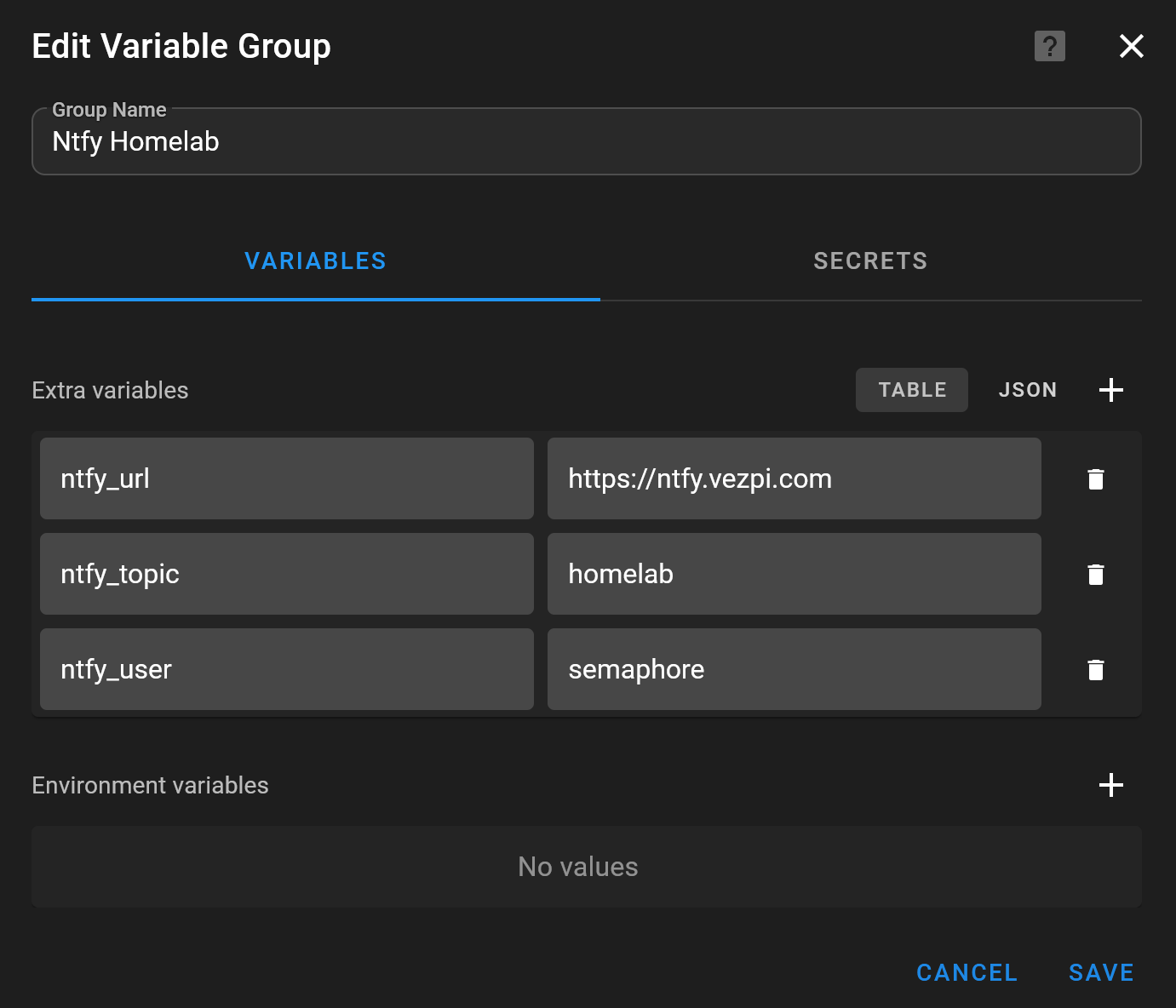 Groupe de variables Semaphore utilisé pour stocker la configuration Ntfy des notifications du homelab