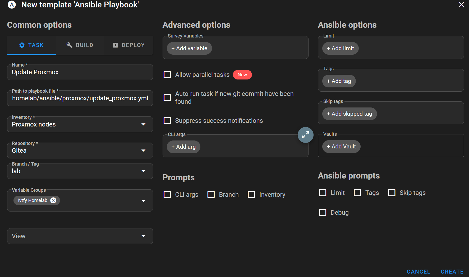 Modèle de tâche Semaphore utilisé pour exécuter le playbook de mise à jour Proxmox