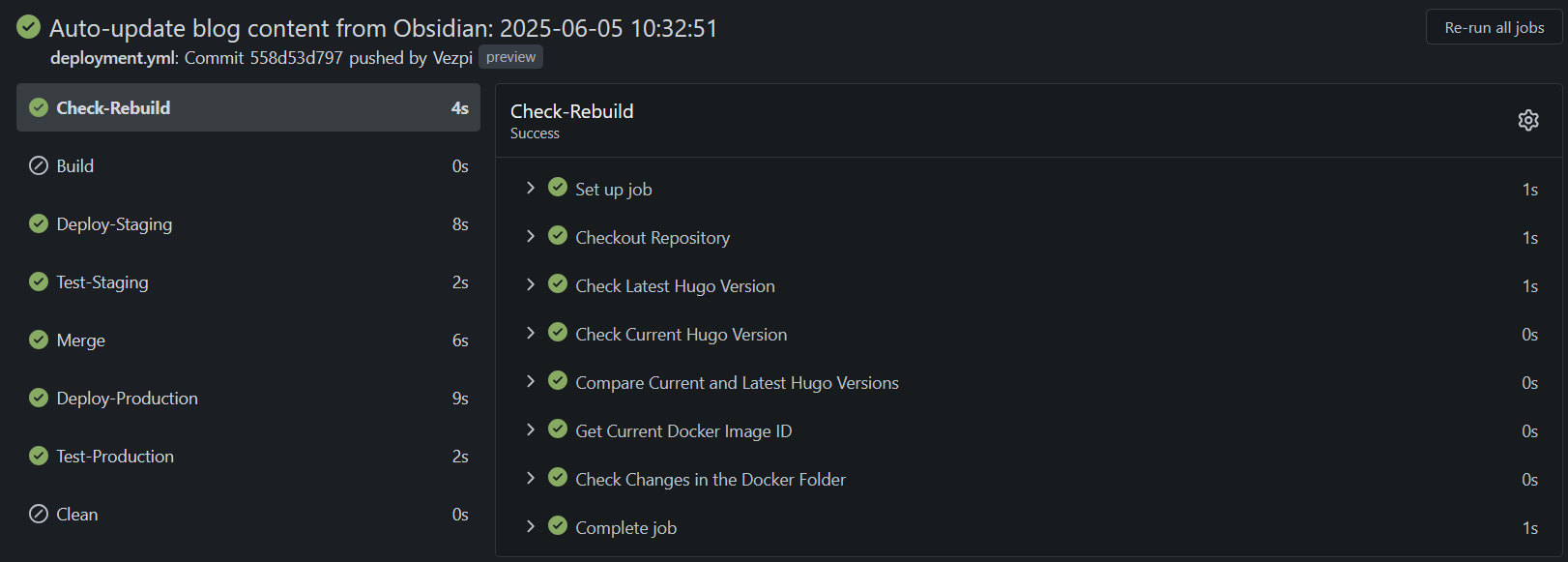 Workflow Gitea Actions du déploiement du blog