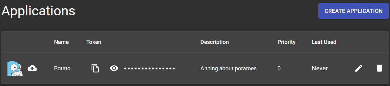Liste des applications Gotify affichant ma nouvelle application Potato