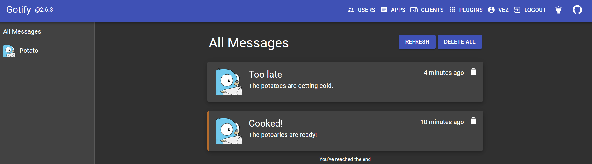 Messages reçus sur l’interface Web Gotify