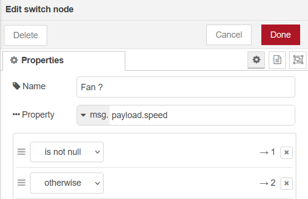 Nœud switch dans Node-RED pour tester si la vitesse est définie