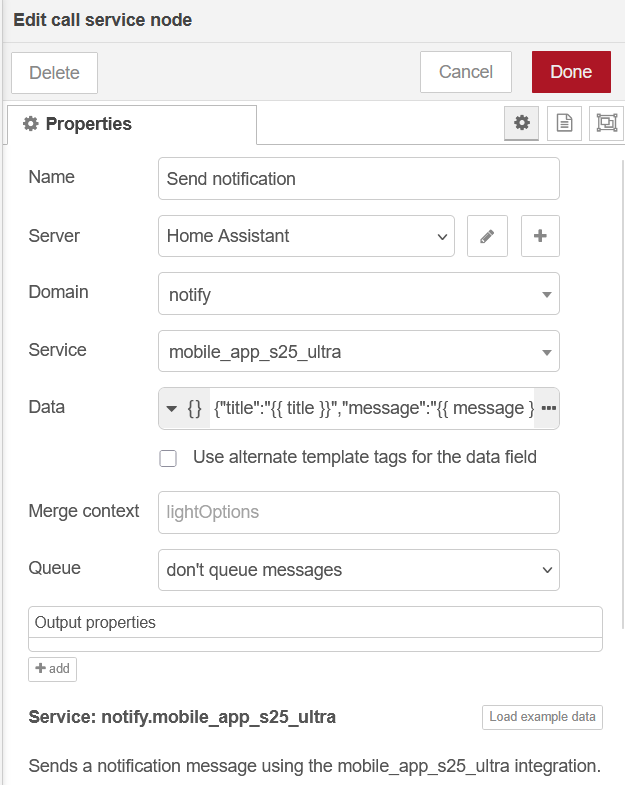 Nœud call service dans Node-RED pour envoyer une notification
