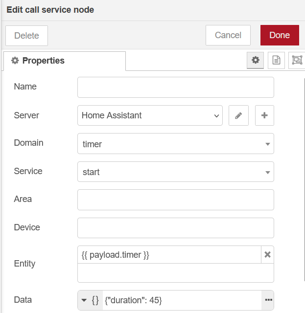 Node-RED call service node to start the unit timer