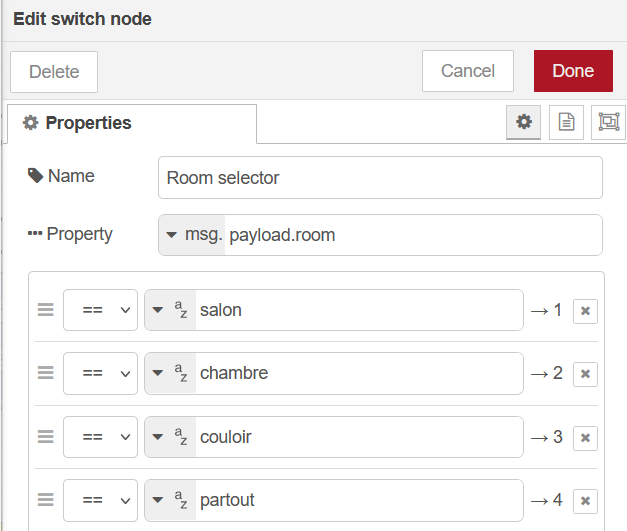 Node-RED switch node for room configuration