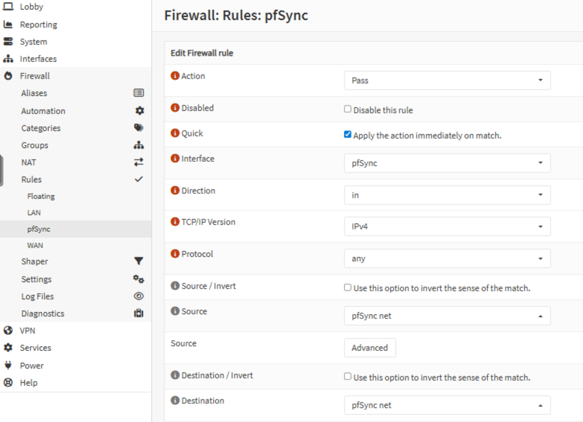 Règle firewall pour autoriser tout le trafic pfSync