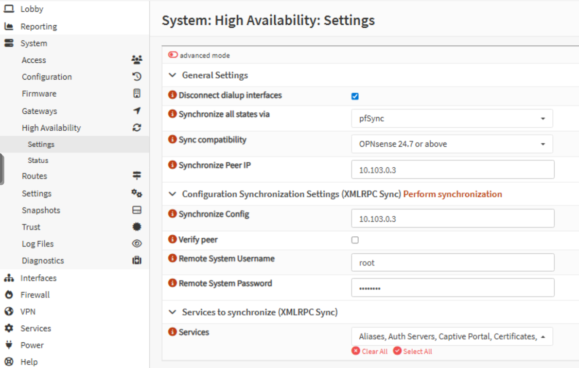 Paramètres de Haute Disponibilité dans OPNsense
