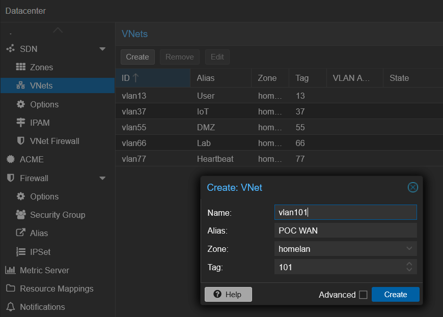 Création des VLANs POC dans le SDN Proxmox
