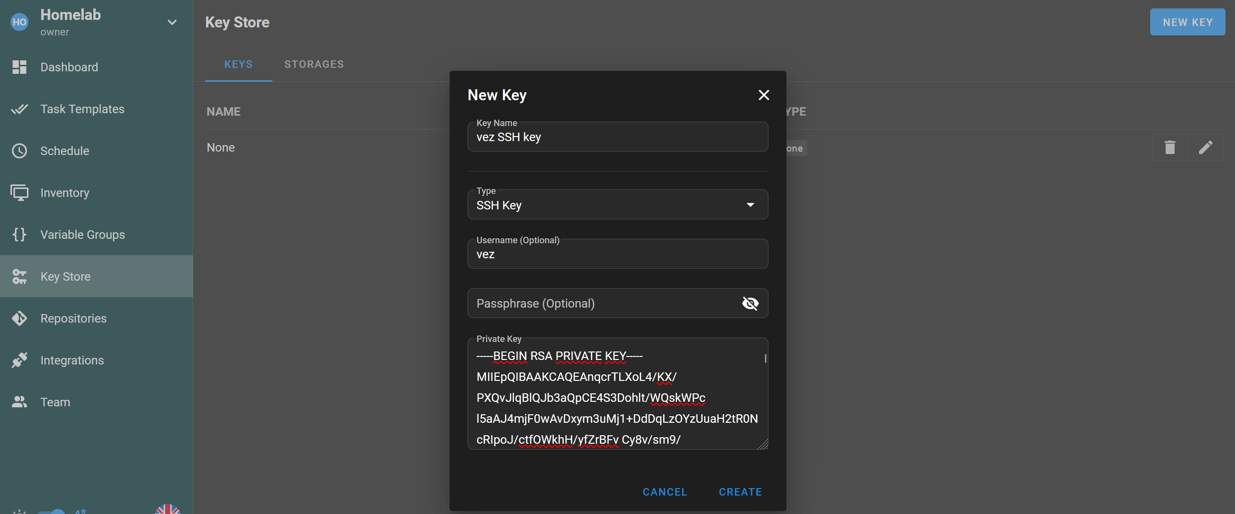 Semaphore UI new key page
