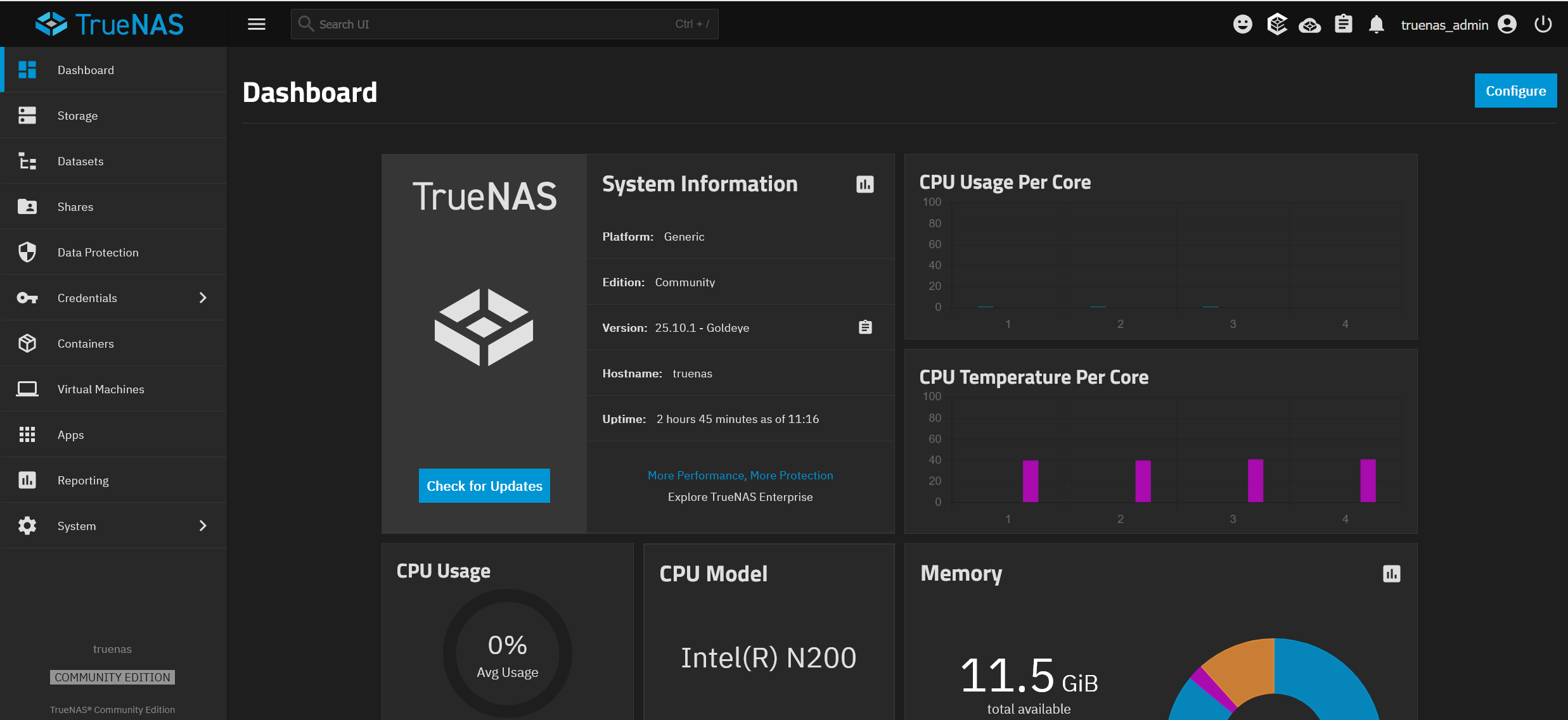 TrueNAS dashboard