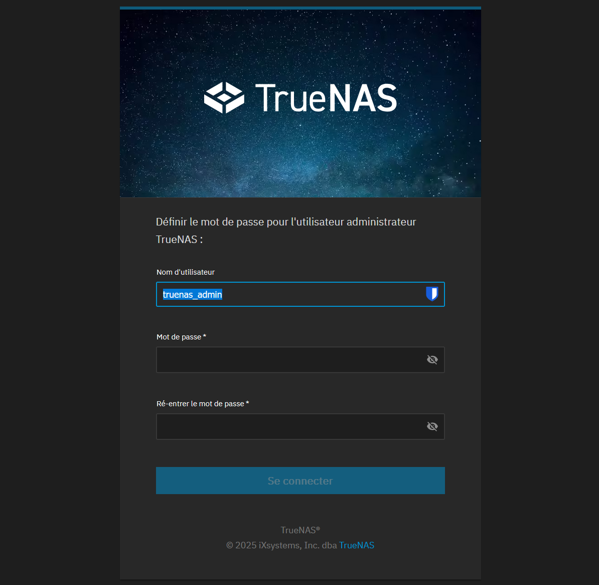 TrueNAS login page to change truenas_admin password