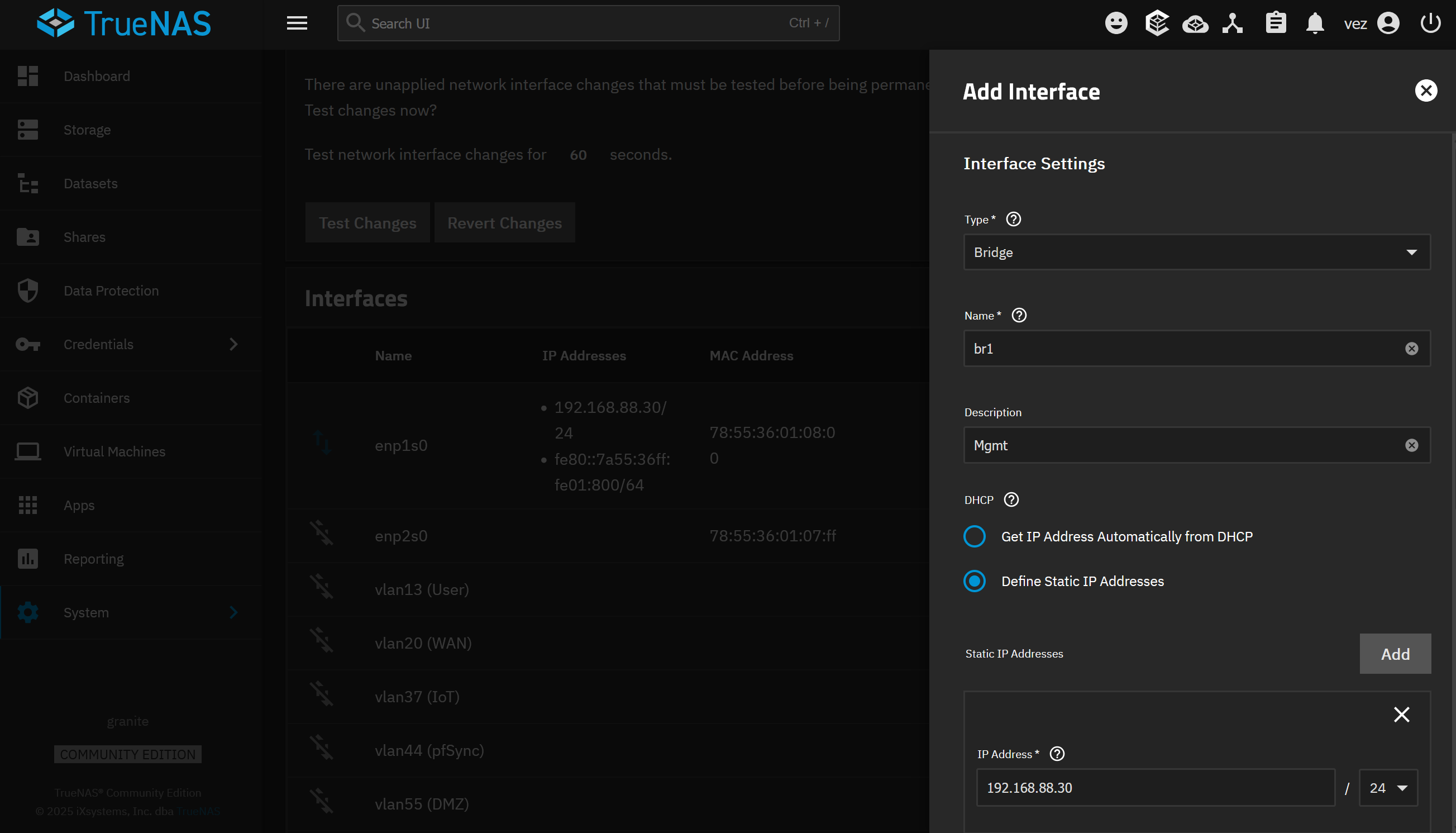 Créer le bridge de management pour TrueNAS et la VM OPNsense