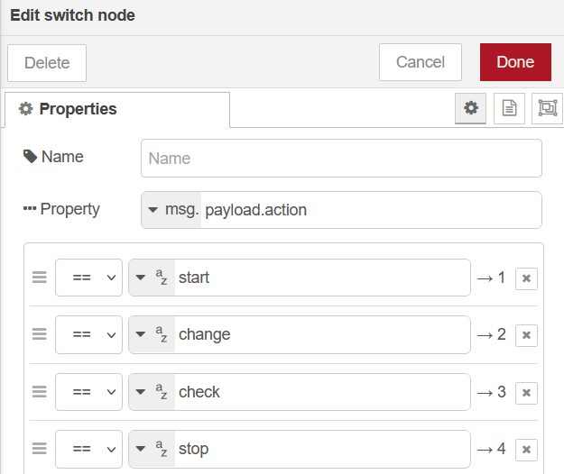 Node-RED switch node to select the action