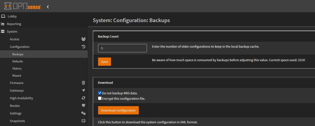 Sauvegarde de configuration dans OPNsense