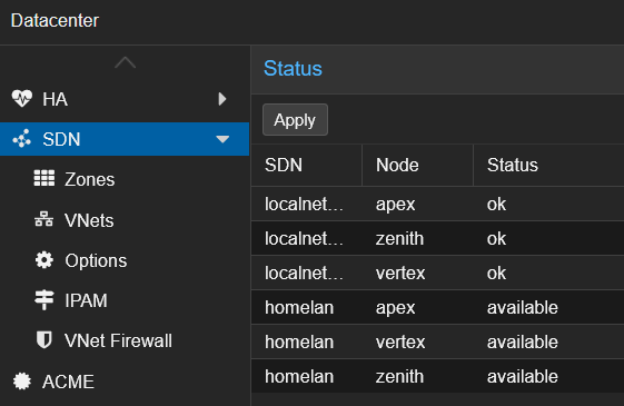 Apply SDN configuration in Proxmox
