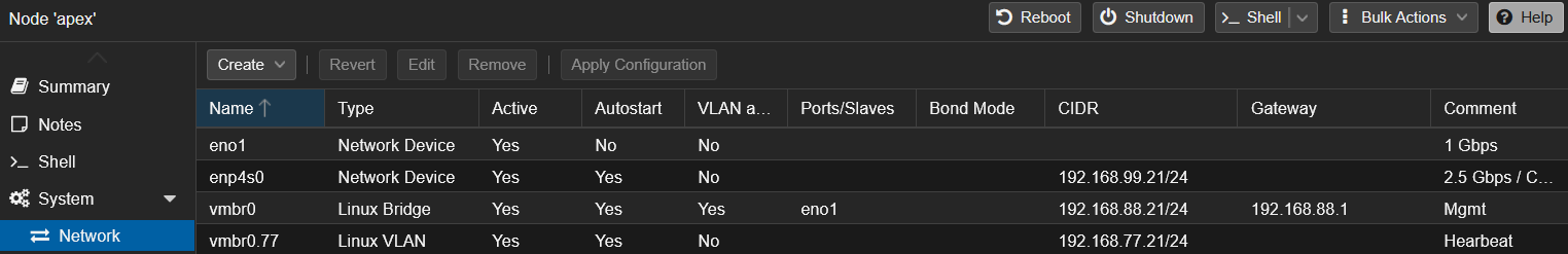 Proxmox node network configuration