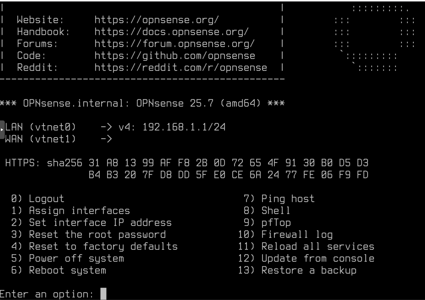 OPNsense CLI login screen after fresh installation