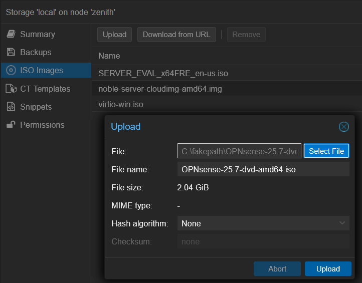 Upload the OPNsense ISO into Proxmox
